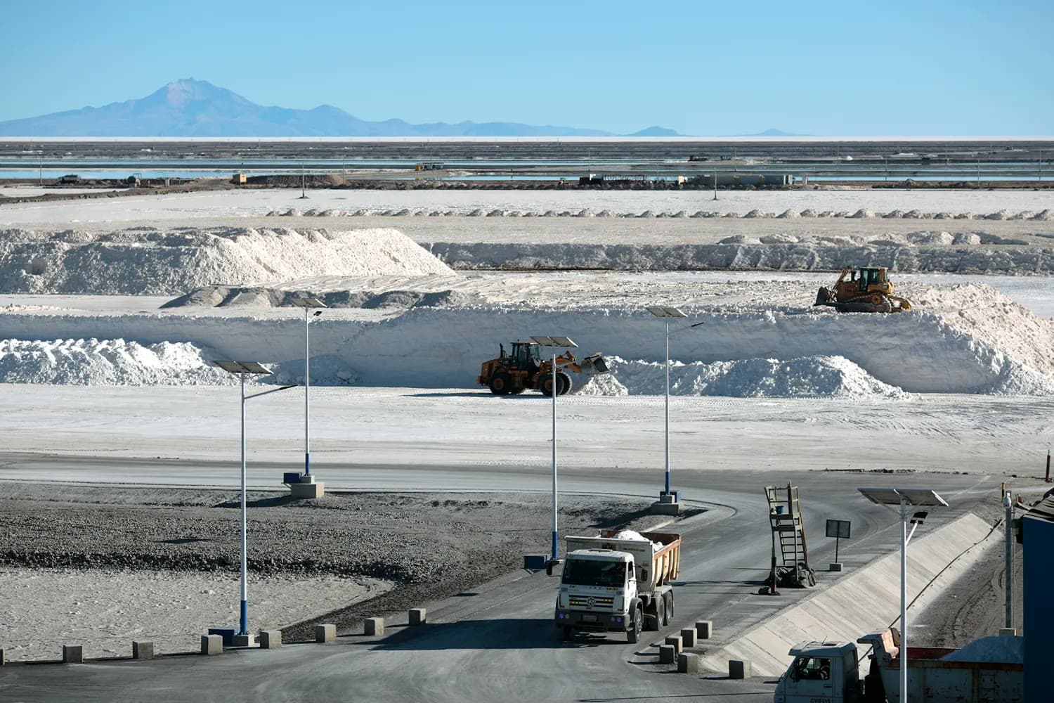 Heavy machinery works among mounds of white lithium salt at a processing facility on the Salar de Uyuni, Bolivia, with mountains in the background.