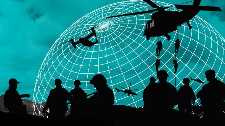 Silhouettes of soldiers and helicopters against a teal globe grid graphic representing the global defense industry.