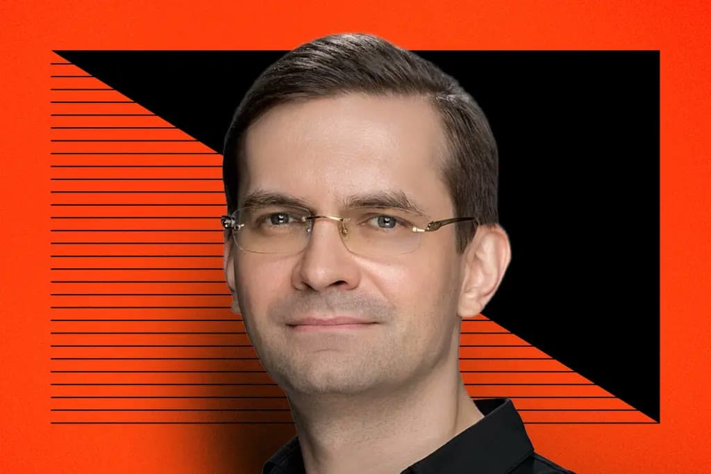 Portrait of Insilico Medicine CEO Alex Zhavoronkov against an orange and black graphic background.