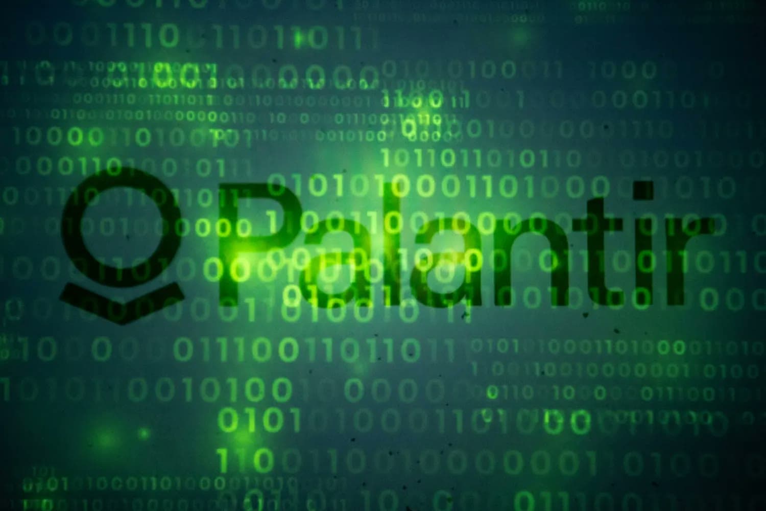 The Palantir logo displayed over a green digital binary code background.