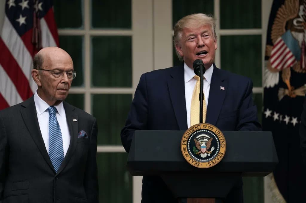 Donald Trump speaks at a White House podium bearing the presidential seal, with Wilbur Ross standing beside him.